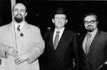 SSSJ founder Jacob Birnbaum, Rabbi Norman Lamm, David Geller at Simchat Torah celebration for Soviet Jewry, Dag Hammarskjold Plaza, New York City. October, 1969.